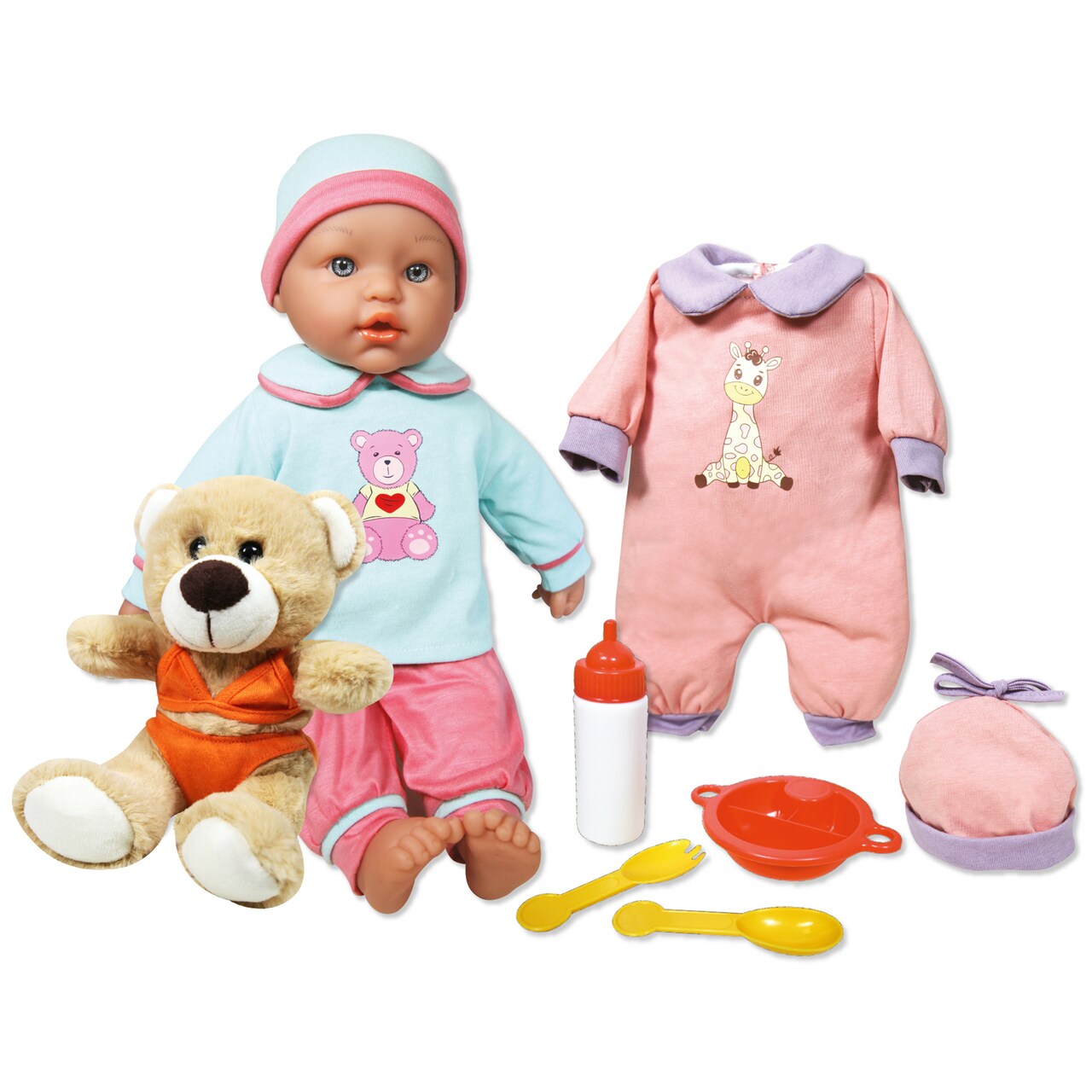 Lissi: Baby Doll Billie & Little Bear - 15" Blue & Pink - 8 Piece Set W/Stuffed Teddy Bear, Extra Outfit, Food Accessories, Pretend Play Kids Age 2+